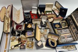 A BOX OF ASSORTED COSTUME JEWELLERY, to include a long single strand 'Majorica' imitation pearl