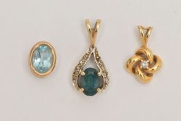 THREE GEM SET PENDANTS, the first a 9ct gold gem set pendant, hallmarked 9ct London import,