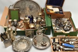 TWO BOXES OF ASSORTED WHITE METAL WARE, to include an oval tray, circular tray, goblets, coffee pot,