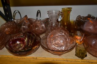 A QUANTITY OF COLOURED GLASS WARES, to include ten dessert sets and part sets of serving bowl and
