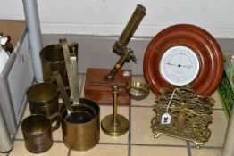 A GROUP OF BRASSWARES AND A BAROMETER, comprising an Art Nouveau style brass figural letter rack,