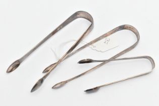 THREE PAIRS OF GEORGIAN SILVER SUGAR TONGS, comprising a pair by William Bateman I with fluted
