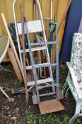 A SELECTION OF GARDEN TOOLS, A VINTAGE SACK TRUCK AND A STEP LADDER including pickaxe, spades,