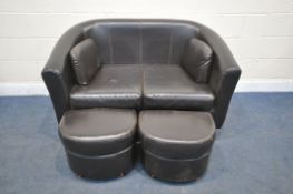A PCL COLLECTION DARK BROWN LEATHER TUB SOFA, and two footstools (condition report: good)