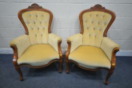 A PAIR OF FRENCH BUTTONED ARMCHAIRS, with mustard yellow fabric (condition report: these chairs does