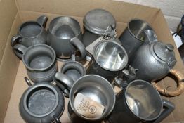 ONE BOX OF PEWTER, to include an arts and crafts style hot water jug with a raffia bound handle, a