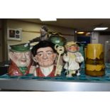 SEVEN ASSORTED TOBY AND CHARACTER JUGS AND TWO OTHER CERAMIC ITEMS, including a Royal Doulton