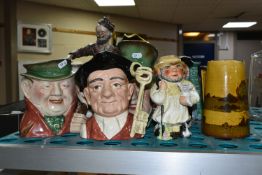 SEVEN ASSORTED TOBY AND CHARACTER JUGS AND TWO OTHER CERAMIC ITEMS, including a Royal Doulton