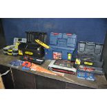 THREE PLASTIC TOOLBOXES AND TOOLS including a 19in and a 16in Stanley toolboxes, three Stanley
