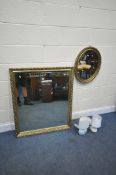 A LARGE GILT FRAMED WALL MIRROR, 103cm x 87cm, an oval wall mirror, a rectangular mirror and two