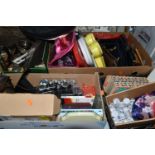 SIX BOXES OF METALWARE AND MISCELLANEOUS SUNDRIES, to include silverplate tea set, candelabra,