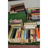 FOUR BOXES OF BOOKS, antiquarian books, paperbacks and novels, together with a single silver