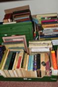 FOUR BOXES OF BOOKS, antiquarian books, paperbacks and novels, together with a single silver