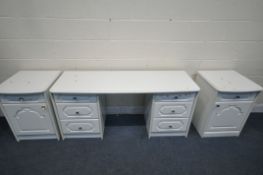 A WHITE BEDROOM SUITE, comprising a pedestal dressing table, length 151cm x depth 51cm x height