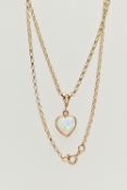 A 9CT GOLD, SYNTHETIC OPAL PENDANT NECKLACE, heart shape synthetic opal cabochon pendant, collet