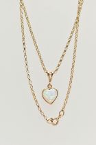 A 9CT GOLD, SYNTHETIC OPAL PENDANT NECKLACE, heart shape synthetic opal cabochon pendant, collet