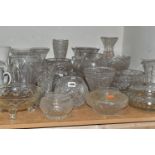 TWENTY ONE CUT CRYSTAL VASES AND FRUIT BOWLS, comprising a pedestal fruit dish, Royal Doulton