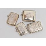 FOUR LATE 19TH / EARLY 20TH CENTURY SILVER VESTA CASES OF RECTANGULAR FORM, one plain and three