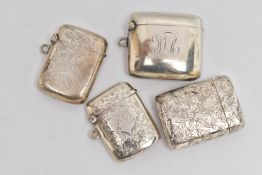 FOUR LATE 19TH / EARLY 20TH CENTURY SILVER VESTA CASES OF RECTANGULAR FORM, one plain and three