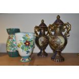 A PAIR OF SATSUMA STYLE VASES AND ITALIAN CERAMICS, comprising a pair of covered vases, each stamped