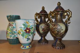A PAIR OF SATSUMA STYLE VASES AND ITALIAN CERAMICS, comprising a pair of covered vases, each stamped