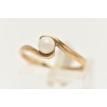 A 9CT GOLD CULTURED PEARL RING, a single cultured pearl, measuring approximately 4.6mm, cross over