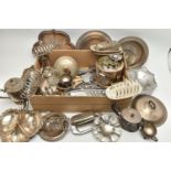 A BOX OF WHITE METAL WARE, to include trays, toast racks, basket trays, coasters, pie servers, ice