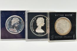 THREE CASED COINS, to include a 1977 Elizabeth II Turkes and Caicos Island 20 Crowns coin, a