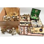 A BOX OF ASSORTED WHITE METAL WARE, to include a tray, small goblets, napkin rings, pepperettes,