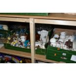 FOUR BOXES AND LOOSE CERAMICS AND GLASSWARE, including assorted tea cups and saucers, a small number