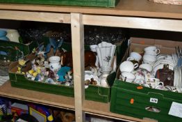 FOUR BOXES AND LOOSE CERAMICS AND GLASSWARE, including assorted tea cups and saucers, a small number