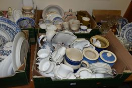 FIVE BOXES OF CERAMICS AND GLASS WARES, to include a thirty six piece Royal Doulton Plymouth