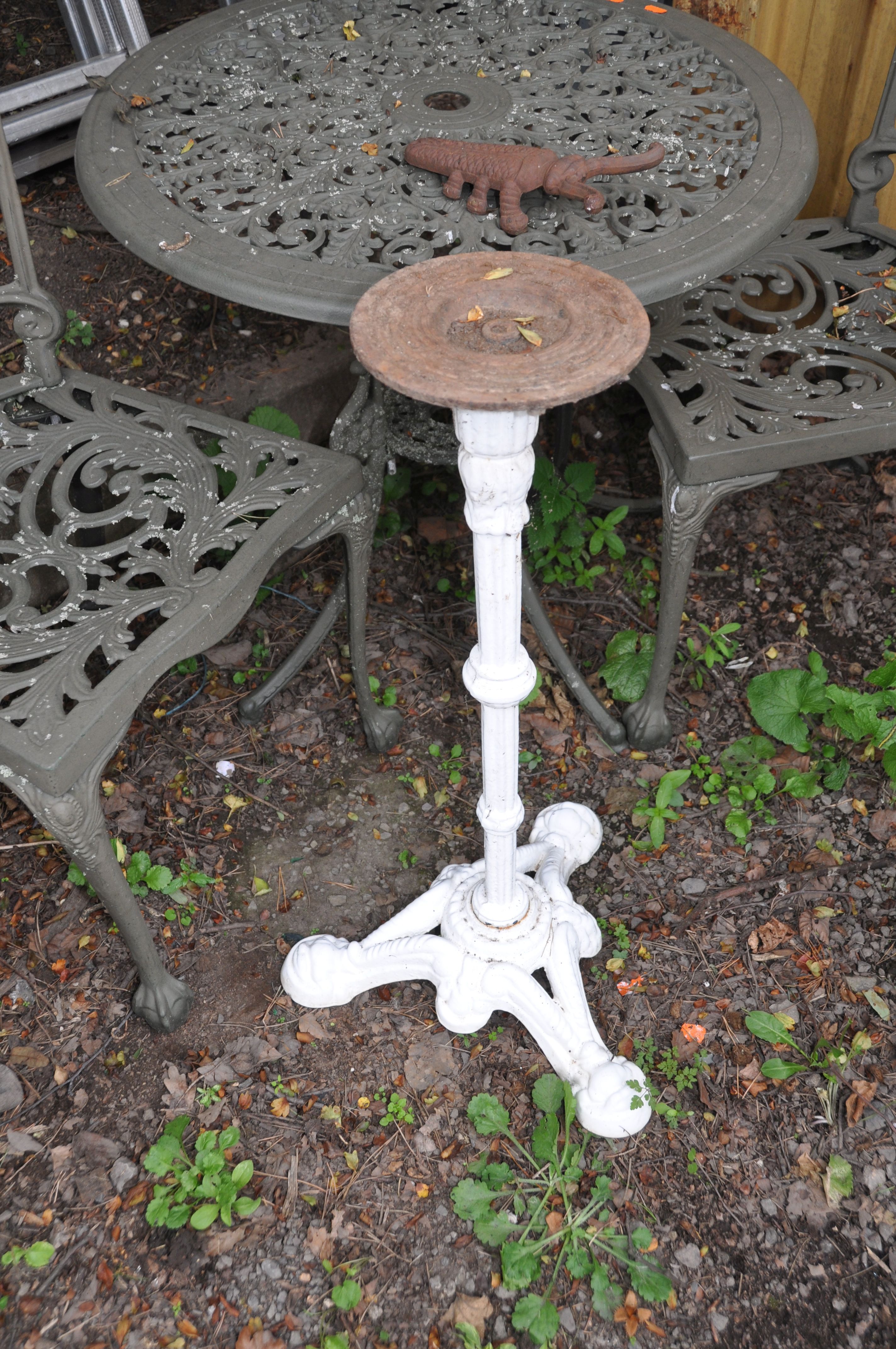 A MODERN CIRCULAR CAST ALUMINIUM GARDEN TABLE 69cm in diameter with two matching chairs, a Scarab - Image 2 of 5