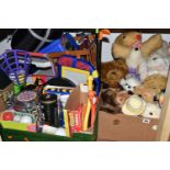 FOUR BOXES AND LOOSE CHILDREN'S TOYS AND GAMES, including a two boxes of soft toys, plastic dolls,