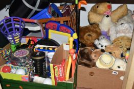 FOUR BOXES AND LOOSE CHILDREN'S TOYS AND GAMES, including a two boxes of soft toys, plastic dolls,