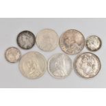 A GROUP OF SILVER COINAGE, to include a George IIII Secundo Crown coin, a high grade Victoria 1887