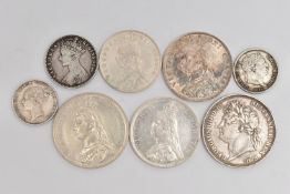 A GROUP OF SILVER COINAGE, to include a George IIII Secundo Crown coin, a high grade Victoria 1887