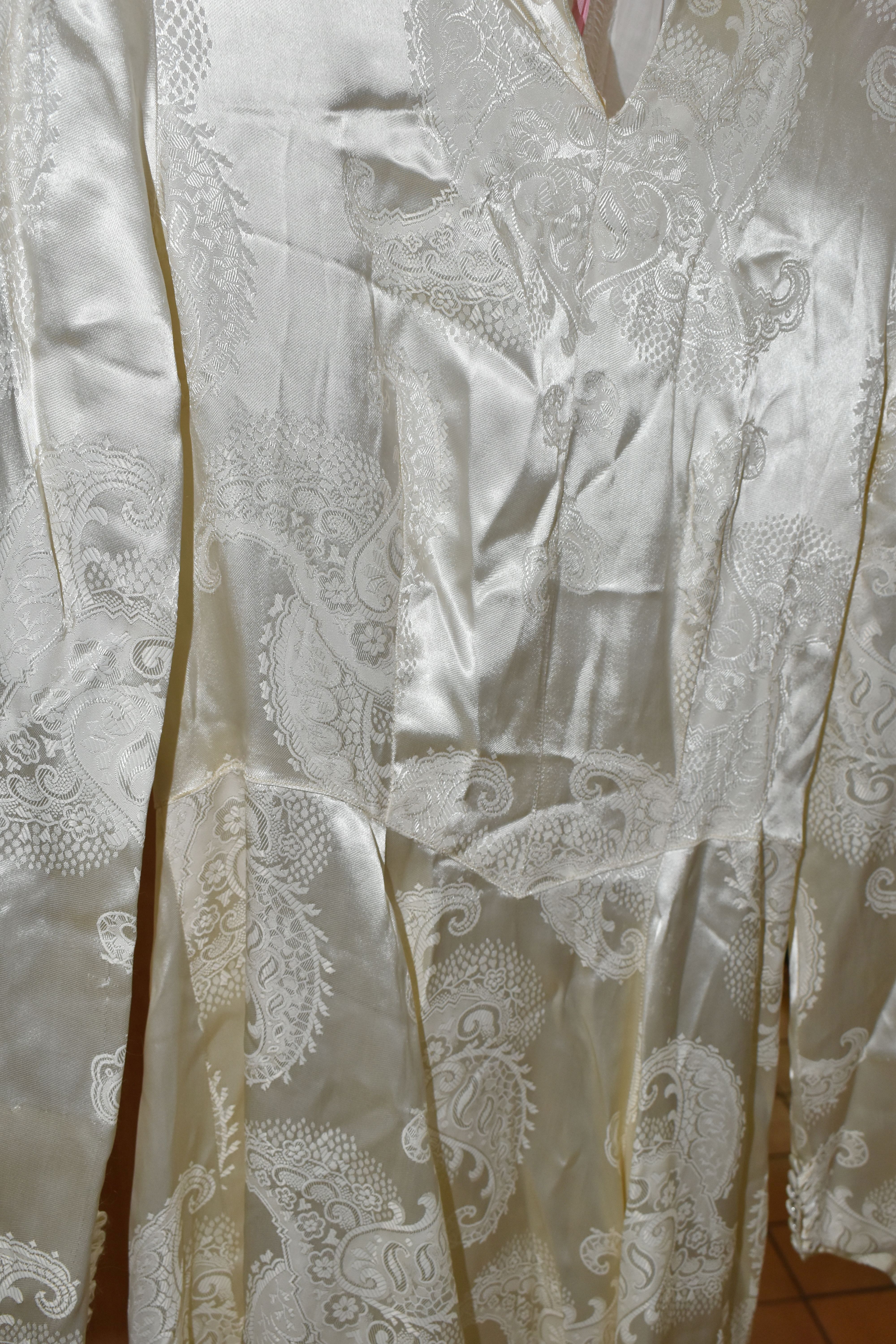 A VINTAGE WEDDING DRESS, bespoke dress with a court train, paisley design cream satin, long - Image 2 of 9