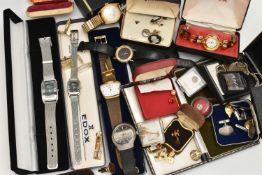 A BOX OF ASSORTED SILVER JEWELLERY AND WATCHES, to include a silver ingot, hallmarked Birmingham,