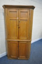 A 19TH CENTURY PINE FOUR DOOR CORNER CUPBOARD, width 107cm x depth 60cm x height 195cm (condition