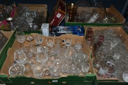 SEVEN BOXES OF GLASSWARE, a large quantity of mid-century glassware, to include decanters, floral