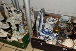 TWO BOXES OF CERAMICS AND ORNAMENTS, to include an Arthur Wood teapot, milk jug and sugar bowl,