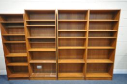 THREE TEAK OPEN BOOKCASES, each bookcase width 78cm x depth 30cm x height 193cm, along with