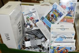 NINTENDO WII CONSOLE, GAME AND ACCESSORIES, games include Mario Kart Wii, Wii Fit, Wii Fit Plus,