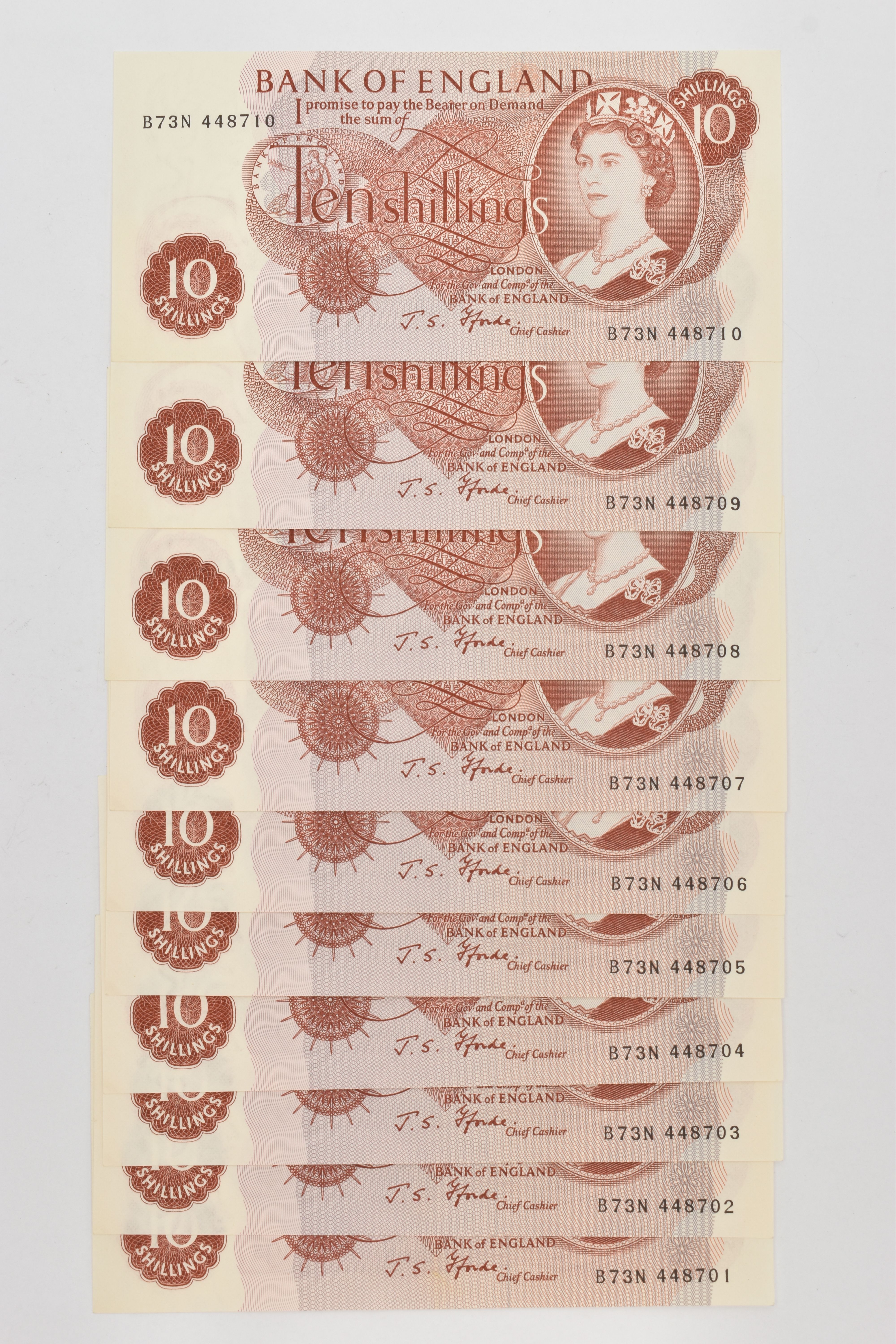A GROUP OF TEN x TEN SHILLINGS BANK OF ENGLAND CONSECUTIVE AND UNCIRCULATED BANKNOTES B73N 448701-
