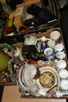 THREE BOXES OF VINTAGE ELECTRICAL ITEMS AND CERAMICS, to include a pair of Staffordshire courting