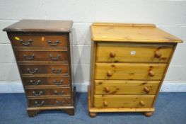 A TALL MAHOGANY CHEST OF SIX DRAWERS, width 43cm x depth 33cm x height 87cm, and a pine chest of