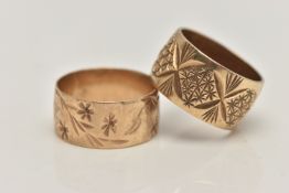 TWO 9CT GOLD BAND RINGS, both with engraved patterns, one with personal engraving, both with 9ct