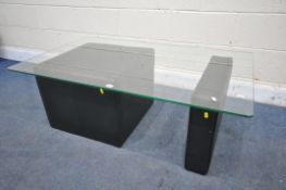 A MODULAR GLASS TOP COFFEE TABLE, on a two piece leather base, length 120cm x 70cm x height 44cm (