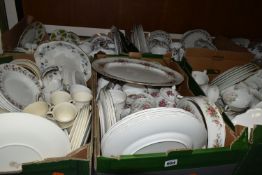 SIX BOXES OF ASSORTED TEA AND DINNERWARE, to include a Royal Standard 'Rambling Rose' pattern dinner